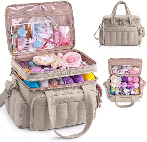 Large Double-Layer Knitting & Crochet Bag with Tangle-Free Yarn Grommets