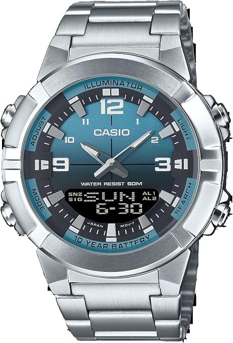 Casio AMW870DA-2A2V Men's Stainless Steel Aqua Blue Dial Analog Digital Dual Time Zone Watch