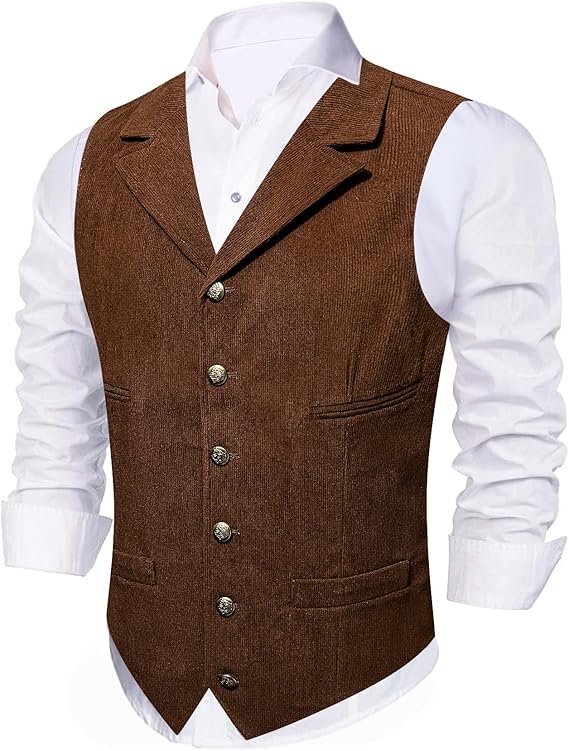 Barry.Wang Mens Vintage Western Cowboy V-Neck Corduroy Vest Slim Fit | Sleeveless Waistcoat Jacket, Casual Business Wear, Vintage Western Style, Daily Layering Cowboy