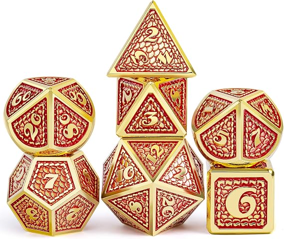 Dndnd メタルゲーミングサイコロ 7個 レッドドラゴンスケール メタリック Dnd ダイス ベルベットポーチ付き ダンジョンズ&ドラゴンd&dゲーム用レッドとゴールドエッジ