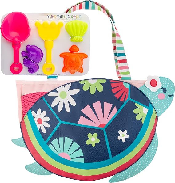 Stephen Joseph, Beach Tote with Sand Toys - Toddler and Baby Beach Toys, Travel Friendly Beach Set, 6 Piece Beach Play Set, Beach Bag with Sand Toys for Toddlers and Kids, Turtle
