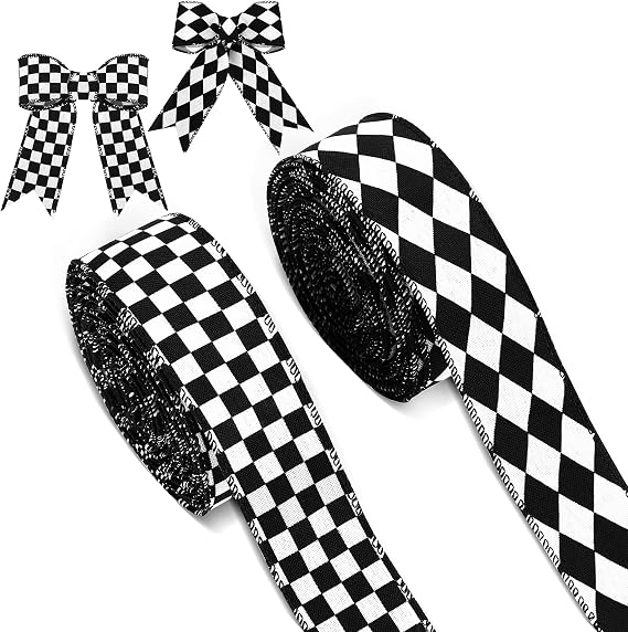 Waydress 2 Rolls/20 Yds Black White Checkered Wired Ribbon, 1.5 inch Wide