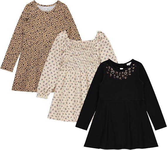 BTween Girls Long Sleeve Dresses, 3 Pack Soft Cotton Casual Dresses for Kids