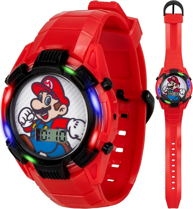 Super Mario Kids Red Digital Light-Up Watch with Colorful LCD Display, Iconic Mario Character Dial, Glossy Transparent Bezel, and Adjustable Strap Fits Wrists 5.5" to 8"