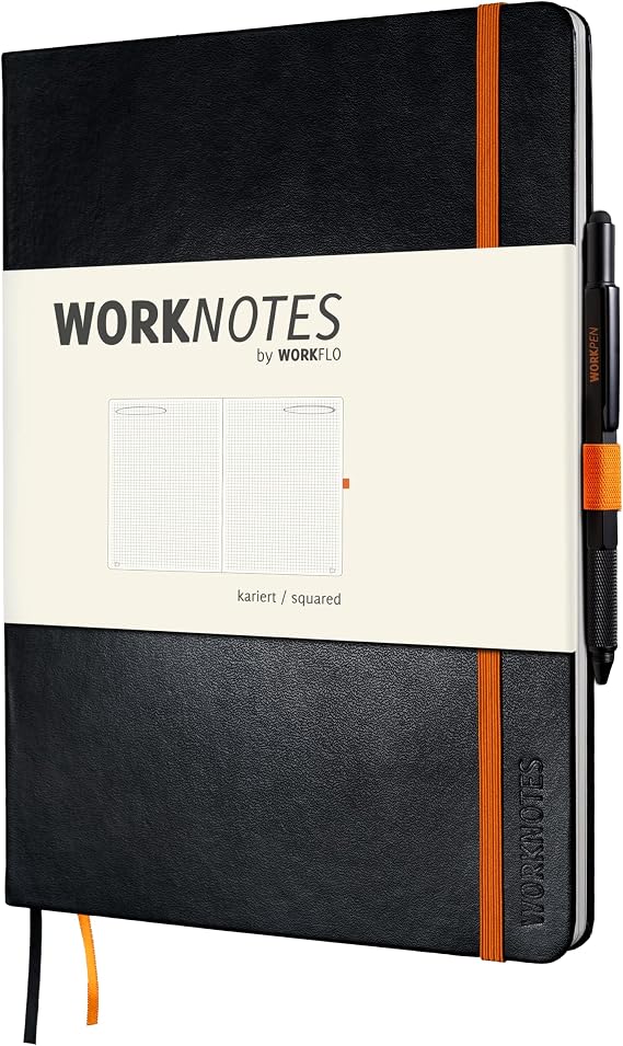 WORKNOTES Notebook A4 Squared – The Notebook for Creatives and Makers 192 Perforated Pages Ink-proof Paper 100 g/m² Hard Cover in Black Includes Pen Tab and Document Bag
