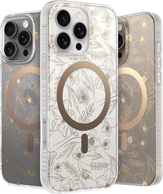 LONLI Hue - Golden Floral Shockproof Magnetic Elegant Aesthetic Phone Case | For iPhone 16 Pro Max, Compatible with MagSafe, 360 Shockproof Bumper, Cute and Unique for Girls and Women