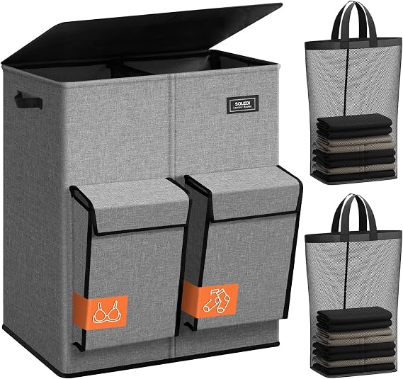 SOLEDI Double Laundry Basket with Lid, 180L Large Laundry Basket 2 Compartments with 2 Side Pockets, Dirty Clothes Basket with Removable Bag, Easy to Carry for Bathroom, Bedroom, Laundry (Grey)
