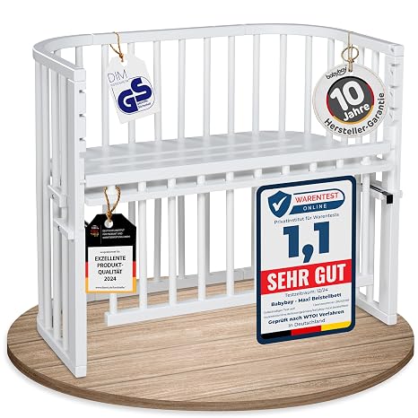 babybay Maxi Comfort Plus Side Bed & Bassinet Made of Solid Beech Wood / Extra Bed with Locking Grille / Infinitely Adjustable & Environmentally Friendly / Grows with Your Child (White Painted)
