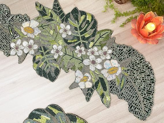 Enliven Floral Beaded Table Runner 13 x 36 Inch, Handmade Flower & Leaf Spring Table Runner, Green Botanical Centerpiece for Dining Table, Easter, Wedding, Garden Party & Home Decor