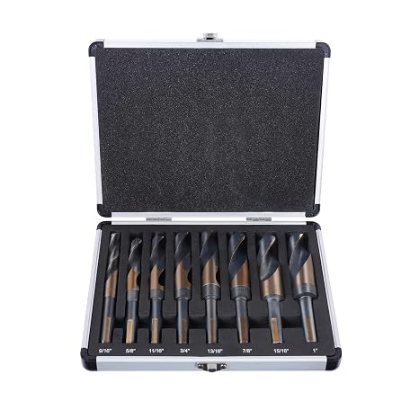 Reduced Shank Drill Bits Set, 8 Pcs Silver and Deming Large Drill Bit Set with Aluminum Index Case, M2 Black and Gold Finish HSS, 135-Degree Split Point for Smooth Drilling, 916 - 1