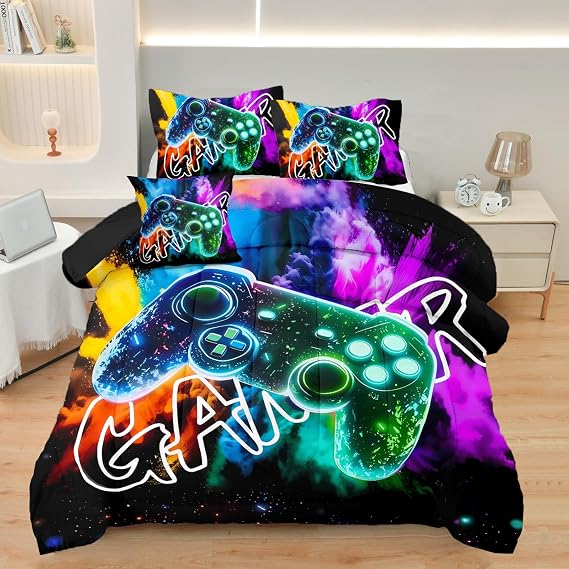 4 Pcs Full Gamer Bedding Sets for Boys, Gaming Full Comforter Set for Boys Beeding Set