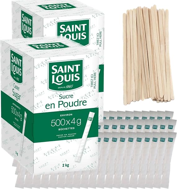 Pack of 1000 SAINT LOUIS Sachets - Individual Crystallized Sugar Sticks of 4g (2kg) with Wooden Stirrers - Ideal for Hot Drinks, Coffees and Teas - 2 Boxes of 500 Sachets