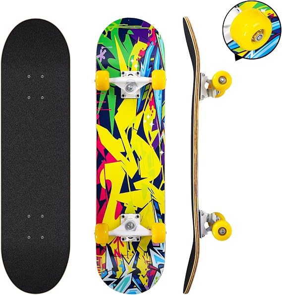 Skateboards for Beginners, 31 x 8 inch Complete Skateboard for Kids Teens Adults, 8 Layer Maple Double Kick Deck Concave Cruiser Trick Skateboard with Multifunction Skate