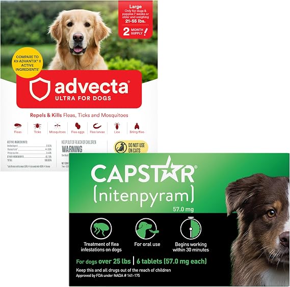 ADVECTA Flea and Tick Prevention for Large Dogs 21-55 lbs (2 Doses) + CAPSTAR Flea Treatment for Dogs Over 25 lbs (6 Doses) Bundle