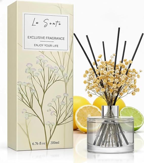 Reed Diffuser Set, Glass Bottle with Black Rattan Sticks, Dried White Flowers, 6.7fl oz (Bright Citrus)