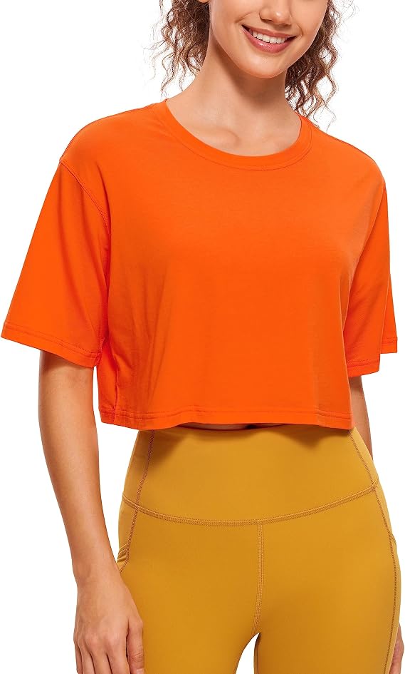 CRZ YOGA Pima Cotton High Neck Crop T-Shirt | Workout, Naturally Soft, Loose Fit, Short Sleeve Tops for Women