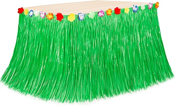 108x29.5In Green Hawaiian Party Table Skirt for Beach Luau Party Decoration | Luau Grass Skirts, Waterproof & Reusable, Lightweight, Reusable, Nylon Buckle Easy Setup, for Summer Tropical Hula Parties