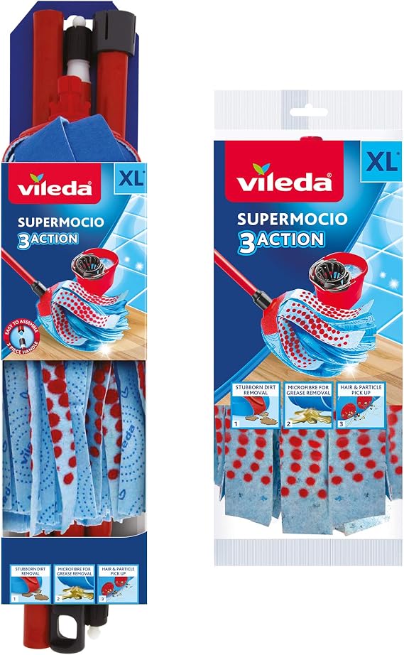 Vileda SuperMocio 3 Action XL Mop + 1 Extra Refill | 3-in-1 Microfibre Cleaning Mop with Red Pads Scouring and 3-Fibre Technology | Tough Dirt Removal | Large Size for Efficient Floor Cleaning