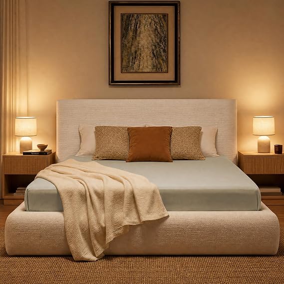 Yechen Cloud Bed Frame, Upholstered Queen Platform Bed Frame, Cream