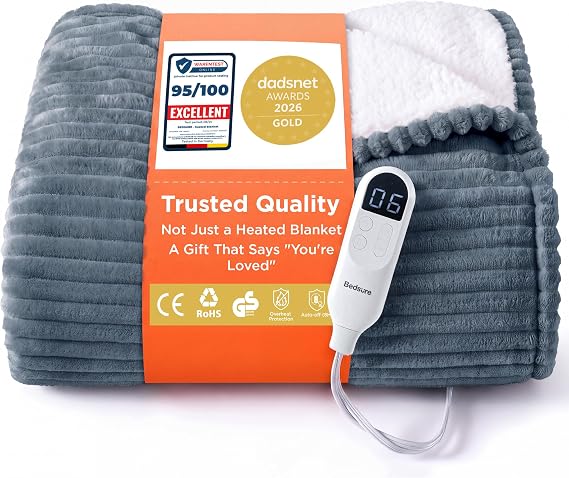 Bedsure Electric Blanket Heated Throw - Ribbed Flannel 130x160cm, Grey
