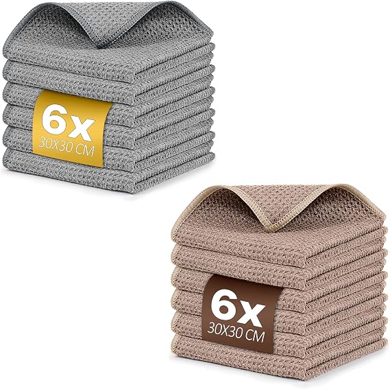 Ekedalen Waffle Weave Microfiber Cleaning Cloth for Dusting Grey Pack of 6 and Waffle Weave Microfiber Cleaning Cloth for Dusting Khaki Pack of 6