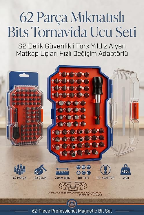 Transformacion 62 Parça Profesyonel Mıknatıslı Bits Tornavida Ucu Seti S2 Çelik Güvenlikli Torx Yıldız Alyen Matkap Uçları Hızlı Değişim Adaptörlü Lokma Tamir Seti 723405