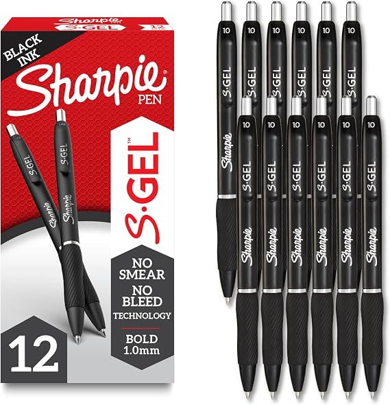 Sharpie S-Gel Gel Pens, Bold Point (1.0mm), Black Ink, Smear-Resistant, 12 Count - Smooth Writing, Back to School Essentials, Office Supplies