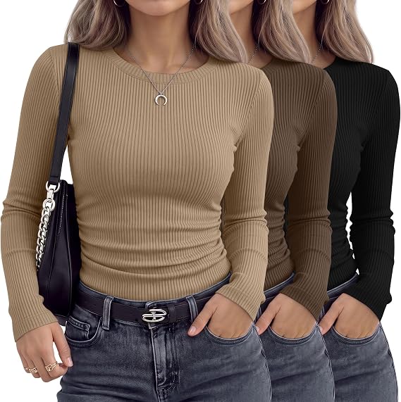 Oakgarden 3 Pack Women's Cotton Ribbed Long Sleeve Shirts