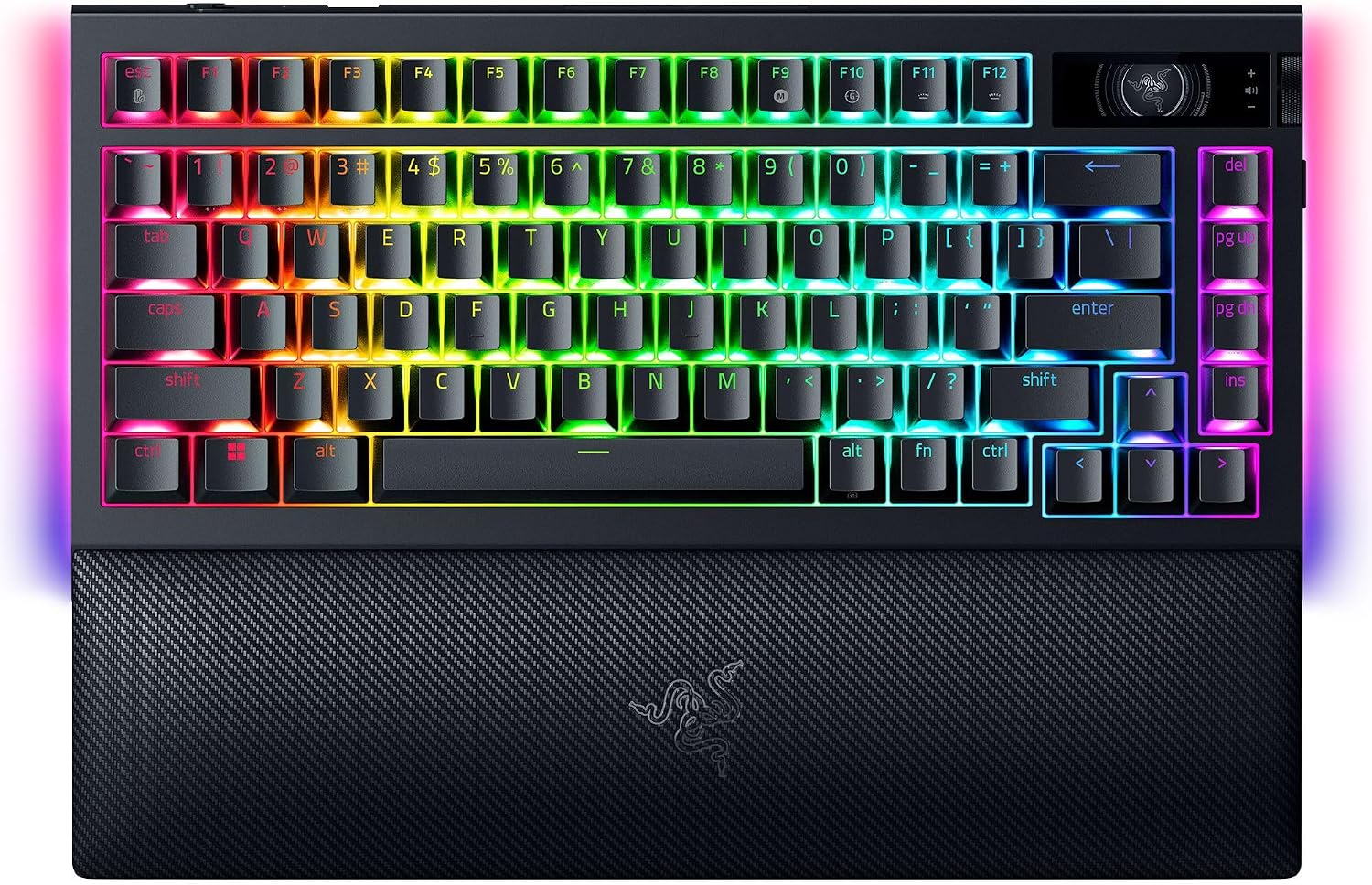 Razer BlackWidow V4 Pro%75 - Kablosuz çalışırken değiştirilebilir oyun klavyesi - OLED ekran komut kadranı, 4K Hz ve Bluetooth bağlantısı, manyetik avuç içi desteği ABD düzeni | Siyah
