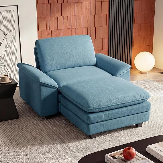 YESHOMY Oversized Chaise Lounge Chair Indoor, 54" Single Sofa Couch with Ottoman, Sleeper Sofa Bed, Comfy Cloud Deep Seat Couches with Padded Armrest, Reading Chairs for Living Room, Aqua Blue