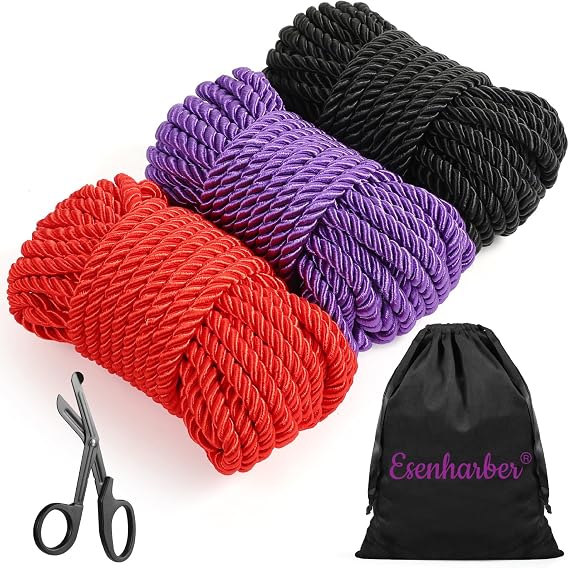 Shibari Rope, Japanese Rope Kit for Beginners and Experienced Riggers, Soft Ropes with Shears for Simple and Complex Knots, Set of Three 30 Ft 8mm Braided Ropes, 1 Safety Shears and 1 Storage Bag