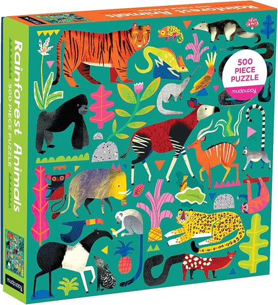 Mudpuppy Rainforest Animals 500 Piece Family Jigsaw Puzzle, Vibrant Rainforest and Animal Puzzle with Tiger, Gorilla, and More Beloved Animals | Illustrated, Tiger, Gorilla, Sloth, Toucan, For Adults, Family, and Kids, Recycled Paper, No Dust, Finished Size 20" x 20"