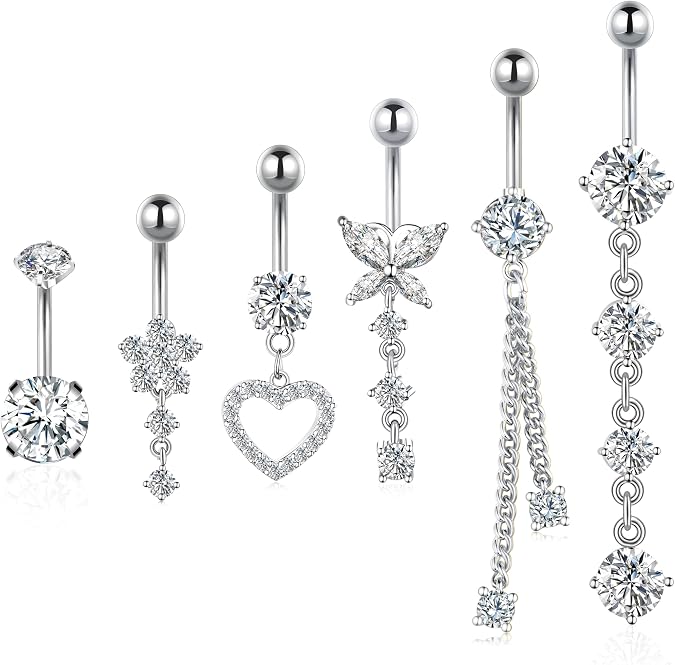 BSJ4U Belly Button Ring Gold Plated Silver CZ Belly Rings for Women Heart Butterfly Flower Dangle Navel Belly Button Piercing Jewelry