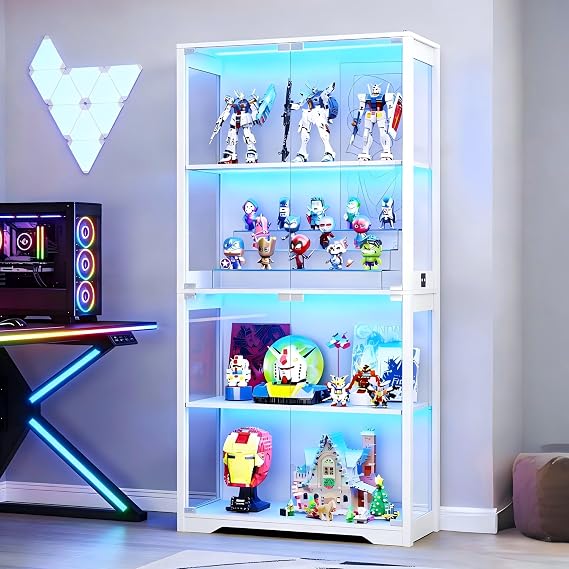 Display Cabinet with Glass Doors, Curio Cabinet with 3 LED Lights and Human Body Sensor, Bookcase with 4 Shelves Storage Cabinets, White