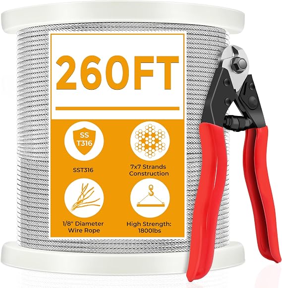 260FT 1/8" Stainless Steel Cable With Cutter, Marine Grade T316 Wire Rope for Deck Railing System, 7x7 Strands Aircraft Braided Steel Perfect for Stair Fence Cabling Project
