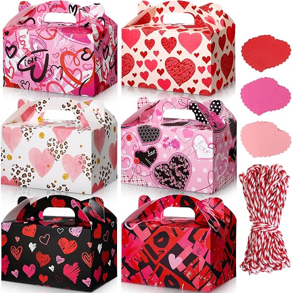 24 Pack Valentine's Day Treat Boxes Heart Prints Cardboard Box for Goody Cookie Holder Heart Tags and Twine, 6 x 3.5 x 3.5 Inches Sweet Party Favor Boxes for Mother's Day Women Classroom Supplies