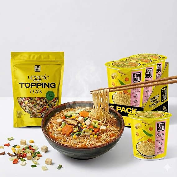 immi Ramen Complete Meal Bundle: Creamy Chicken Cup Noodles 6 Pack + 13oz Deluxe Vegetable Toppings 18g Protein & Ready to Eat (Low Carb & Keto)