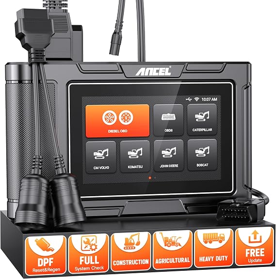 ANCEL HD3600 Heavy Equipment Diagnostic Tool with D-P-F Regen, Full System Heavy Duty Truck Scanner Machinery Scanner Diesel Code Reader Fit for Cummins, Caterpillar, John Deere, Komatsu, Yanmar&Case