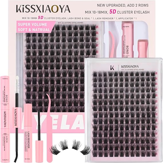 KISSXIAOYA Cluster Eyelash Extensions Kit, DIY Lashes Extension Kit with Lash Bond & Seal and Applicator, 144 Pcs 0.10mm 56D 9-15mm Mixed Wide-stem Lash, Individual at Home