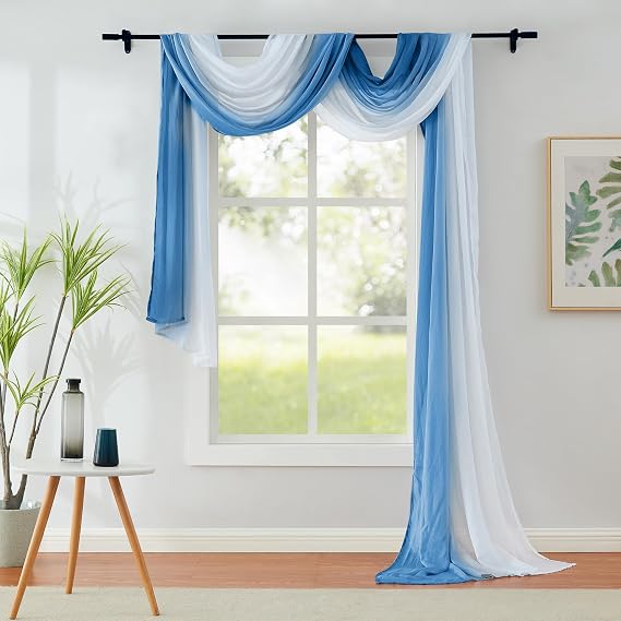 Blue Ombre Chiffon Sheer Window Scarf Valance Living Room 216 Inch Long