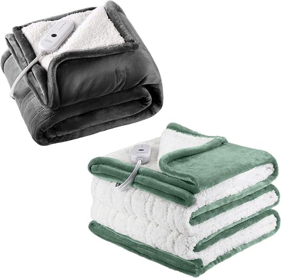 ESTINGO Electric Throw Blanket Heated Blanket Throw, 50"x60" Dark Grey & 62"x84" Green Bundle