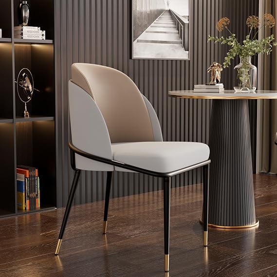 Wisfor Dining Chairs Set of 2: Faux Leather Upholstered Makeup Chair with Arched Backrest - Armless Vanity Chairs with Metal Legs for Kitchen Living Room Bedroom (Light Brown)
