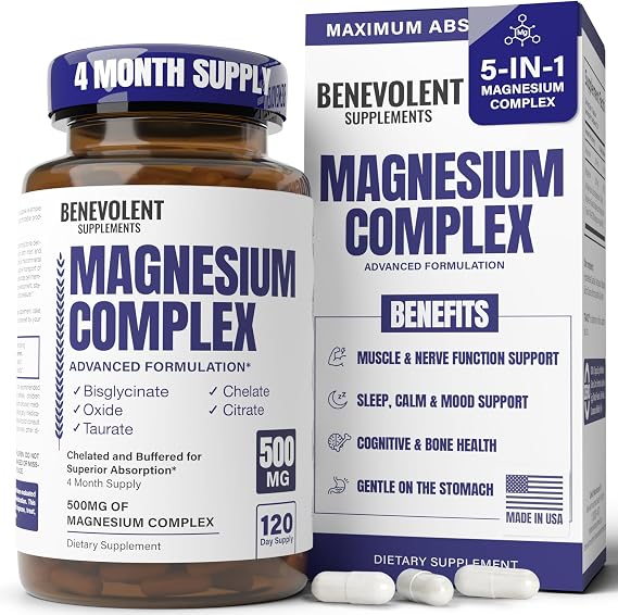 Benevolent 5-in-1 Magnesium Complex Premium Supplement 500mg 120 Capsules