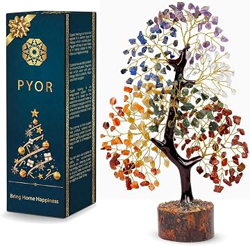 PYOR 7 Chakra Crystal Tree of Life for Office Decor - Crystals and Stones - House Warming Gifts for Women for New Home - Meditation Accessories - Size 10-12 Inches 300 Beads Chakra Stones