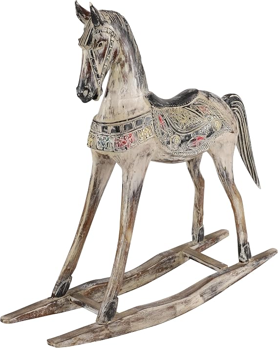 Deco 79 Wood Horse Decorative Sculpture Rocking Home Decor Statue with Brown Distressing and Colorful Accents, Accent Figurine 40" x 10" x 39", Beige
