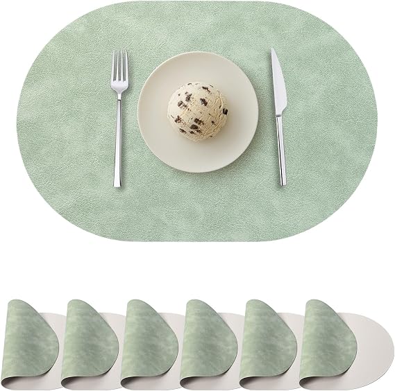 Oval Placemats Set of 6, Faux Leather Place Mats for Dining Table Dual Sided Placemats Heat Resistant Washable Wipeable Table Mats for Indoor Outdoor, Green/Beige