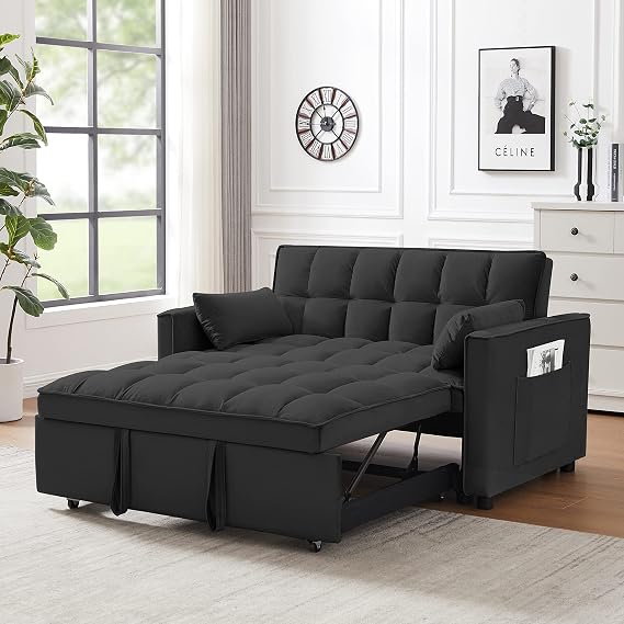 Convertible Sleeper Sofa Bed, 3 in 1 Modern Velvet Loveseat Futon Sofa Couch with Pullout Bed Reclining Backrest Toss Pillows Pockets for Living Room(Black)