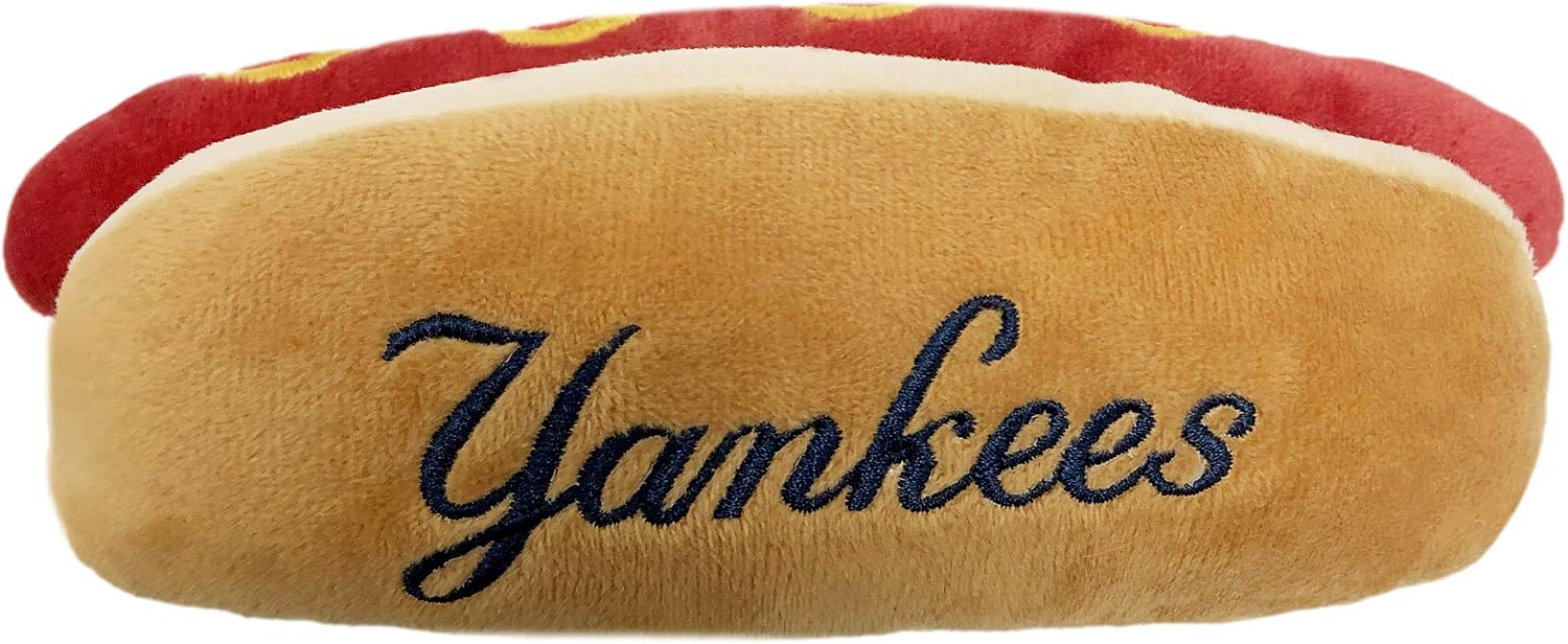 MLB New York Yankees Plush Dog Toys - Stadium Theme Snacks - Cutest Plush HOT-Dog Toy for Dogs & Cats with Inner Squeaker & Premium Embroidery of Baseball Team NameLogo