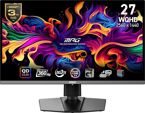 MSI MPG 271QRX OLED, 27-inch QHD Gaming Monitor, 360 Hz, 0.03 ms Response Time, True Black HDR 400, HDMI, DP, USB Type-C, Tilt, Height Adjustable