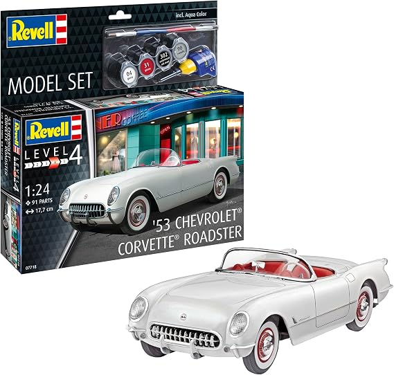 Revell Model Set 67718 '53 Chevrolet® Corvette® Roadster 1:24 Ölçekli Yapısız/Boyasız Plastik Model Kiti Contacta Profesyonel Tutkal, Boya Fırçası ve Seçilmiş Aqua Renkli Boyalar
